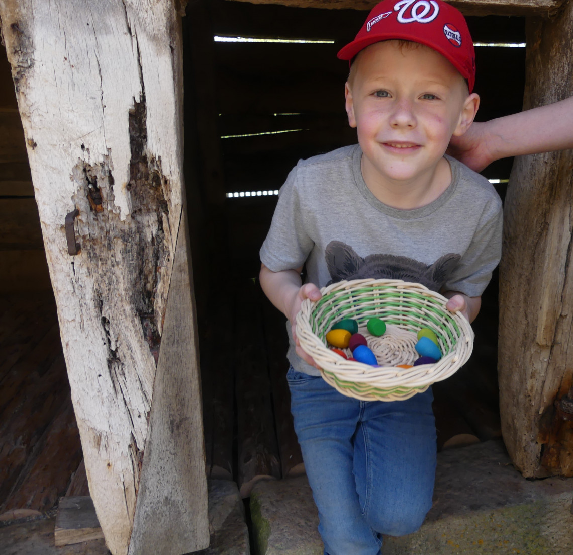 Junge mit Ostereier im Körbchen in der Hand