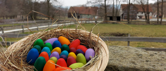 K&ouml;rbchen mit vielen bunten Holzeiern und Heu gef&uuml;llt auf Steinmauer im Freilandmuseum