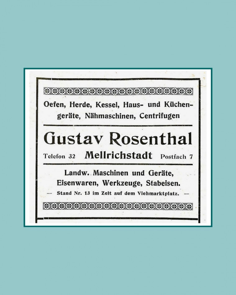 Anzeige von Gustav Rosenthal in der Brosch&uuml;re &bdquo;Bezirks-Schau f&uuml;r Landwirtschaft und Gewerbe in Mellrichstadt vom 2. mit 9. September 1928&ldquo;. &copy; Sammlung Fr&auml;nkisches Freilandmuseum Fladungen, Inv.-Nr. 8/16/70.