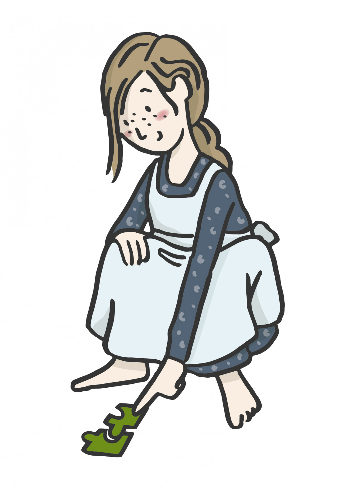 Illustration eines M&auml;dchens mit blauem Kleid und Sch&uuml;rze, das am Boden puzzelt