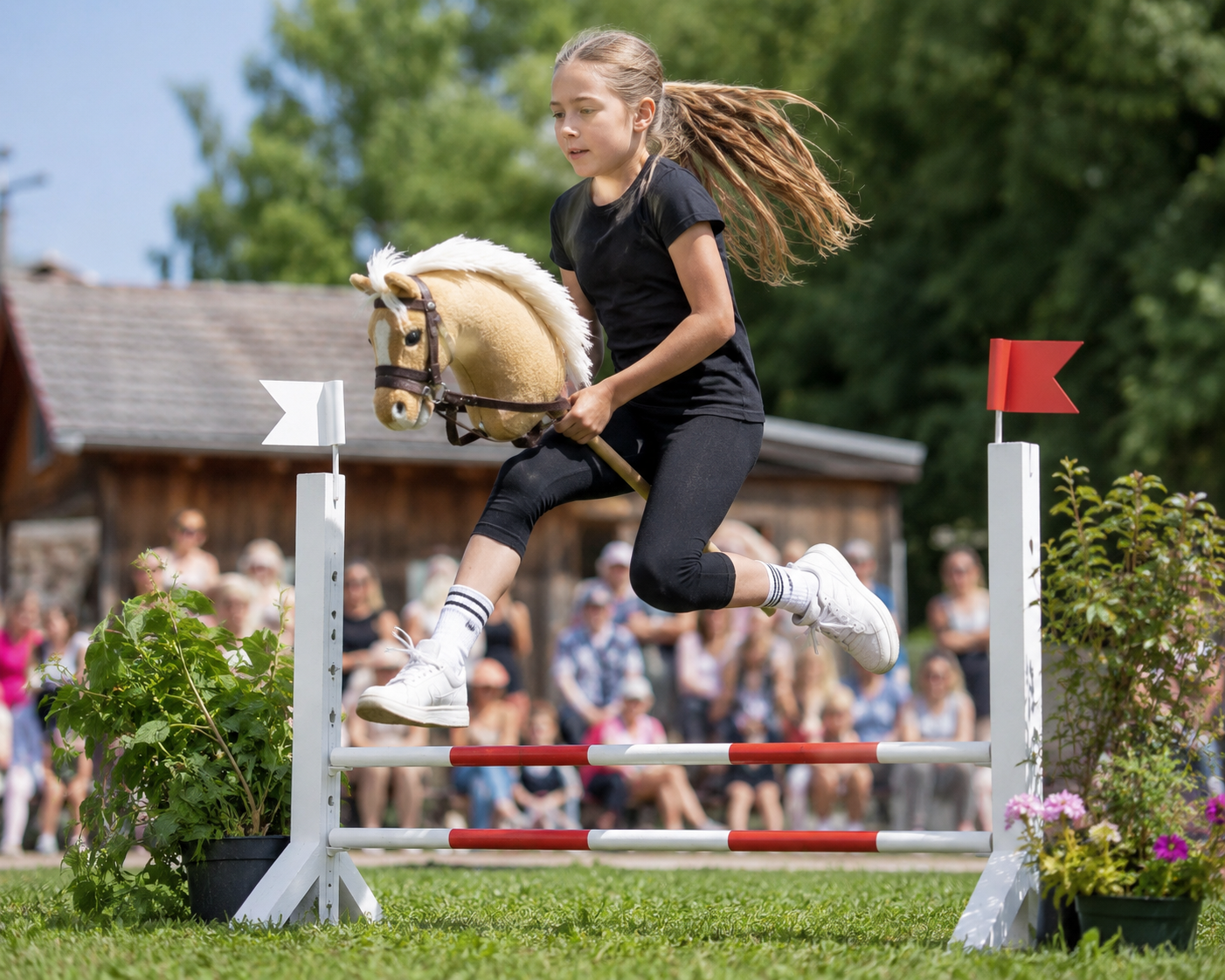 M&auml;dchen springt auf einem Hobby Horse &uuml;ber ein Hindernis