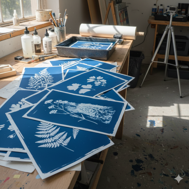 Blaue Prints auf einem Tisch