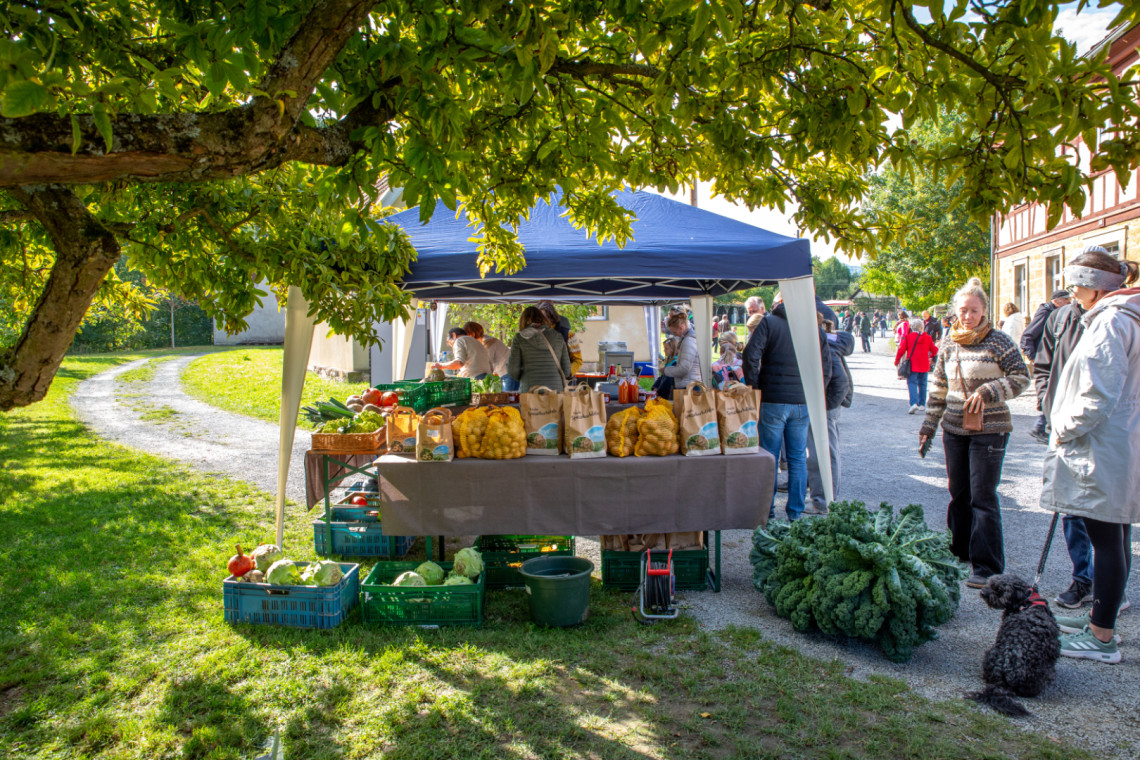Pavillon mit Verkaufsstand von Kartoffeln und Gem&uuml;se, davor Kundschaft