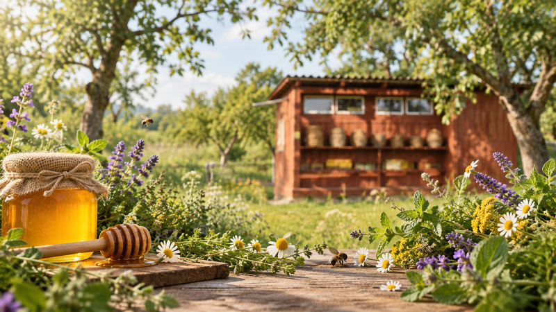 Bienenhaus im Freilandmuseum Fladungen zwischen B&auml;umen, umgeben von Kr&auml;utern und Bl&uuml;ten; im Vordergrund ein Glas Honig.